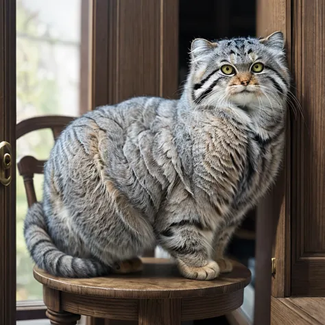 manul 20,  ansel adams style  , peeking secretly into a slightly opened door,、 manul cat that acts like a human when you open th...