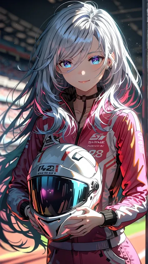  1 girl,  blue eyes, smile,  two-tone hair :1.3, Long Hair,  pink racing suit , Pale skin,  holding a helmet,  track, レースtrack, Sunshine, dramatic illumination,  Soft Shadow , masterpiece, Best Quality, safe,  software,  are so beautiful, Recent, Absurd,  ...