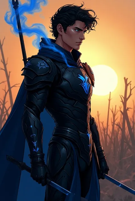 A prince with blue eyes and wavy black hair like the sea ,  wearing black armor holding the helmet that recalls the helmet of Optimus Prime and Genji from Overwatch but in the color black,  blue and black magic effects coming out of the armor as the sunris...