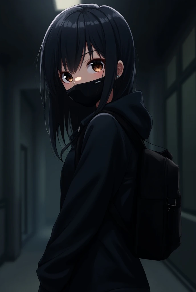 Anime girl wearing black mask wearing black backpack