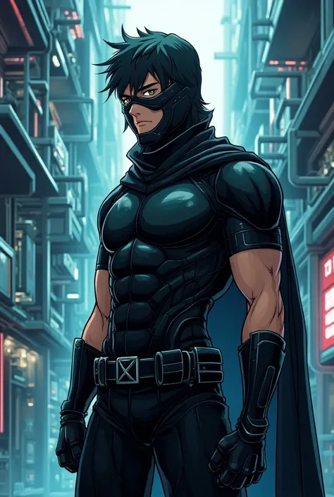 anime character, a bit muscular , 
Electronics student ,  who wants to become a superhero with his technology, With a costume created by himself in the color black, a mask that covers your entire face so they dont discover your identity . Your fact is not ...