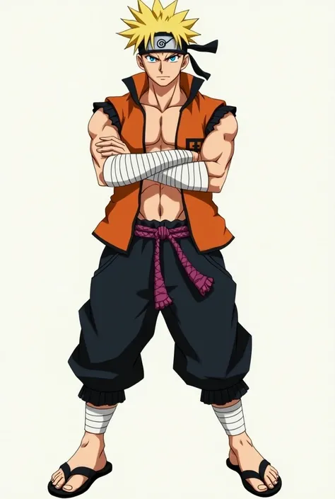 Create a blended character that combines features of two iconic anime characters. The character has spiky blond hair with black streaks, blue eyes, and wears a headband with a spiral symbol. His outfit is a combination of an orange jacket with black accent...