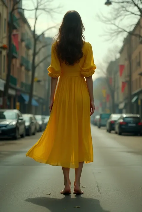 surrealism,  High level of detail,  cinematic lighting ,   feet of a barefoot woman in the middle of the street, On a spring day ,  in a yellow ankle-length dress, with ray tracing  , viewing angle, Tomas from behind , HD Hypertelevision,  masterpiece ,  d...