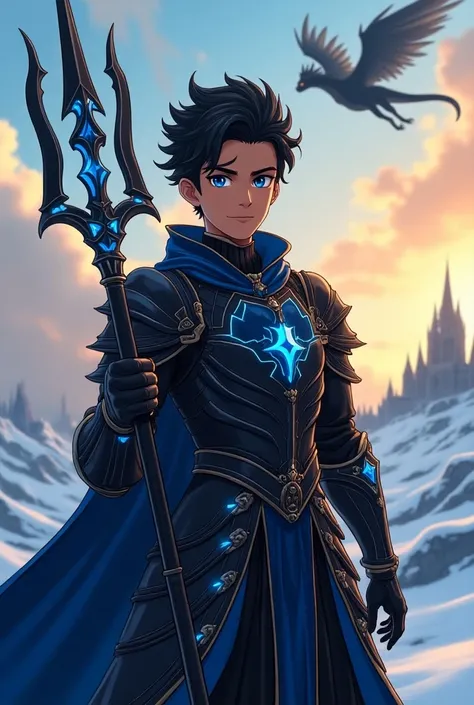 A prince with blue eyes and wavy black hair like the sea ,  wearing black armor holding the helmet that recalls the helmet of Optimus Prime and Genji from Overwatch but in the color black,  blue and black magic effects coming out of the armor as the sunris...