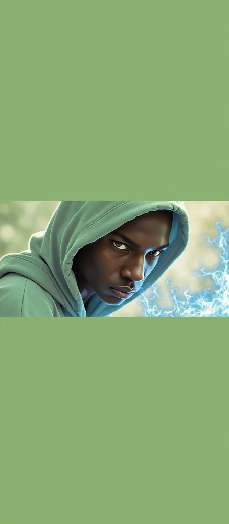 Jamaican God Of Fire In Hoodie engulfed in Blue Flames. dark skinned. face shot. bald headed.