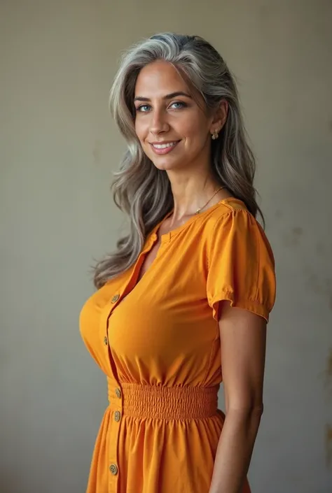 a beautiful matronly woman with huge perky round breasts, (((thin body))), pleasant smile, vibrant flare skirt shirtwaist dress, long gray hair, realistic profile view, looking directly at the camera, her breasts are huge, bulging, and well-rounded