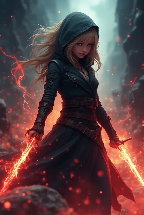 masterpiece, Rogue assassin girl, wearing a hood, blonde hair, shrouded in shadows, holding a flaming dagger in each hand, vibrant glowing abyssal colors, entirely in frame, FULL BODY, radiating electrical energy, shoulder length messy hair, Full body, Bea...