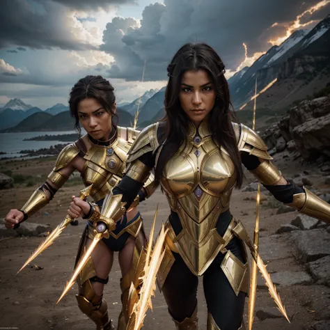 Imagine a series of striking images that merge the worlds of Saint Seiya and Dragon Ball Z, showcasing warriors with a realistic human appearance. The characters are adorned with shining armor inspired by the Saints of Athena, but with a modern twist that ...