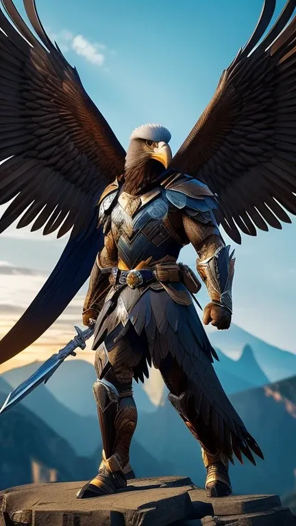 Sentinel Eagle : " With the head of an eagle with a sharp-beaked and attentive eyes ,  this hybrid has a humanoid body sculpted by powerful muscles.  His wings extend ,  and its powerful hands hold sharp spears ,  as it flies over the battlefield ,  attack...