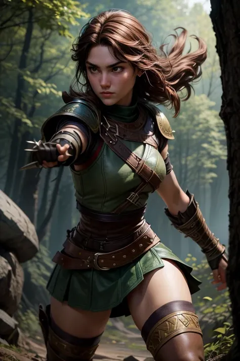  Young Viking woman , warrior, short brown hair, thick eyebrows,  green eyes, leather armor,  strappy leather top , fur skirt, fierce expression, heroic stance,  looking at the camera , fierce expression, Combat stance,  masterpiece , super detail,  lyrics...