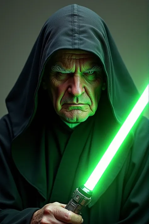 Ronald Frump wearing a black Jedi robe with green lightsaber by his face