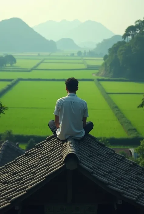 Create an image of a man sitting sadly on the roof of a house, overlooking a wide view of a rice field. The scene should capture a realistic atmosphere with soft lighting, depicting a sense of solitude and melancholy. The background features a vast, serene...