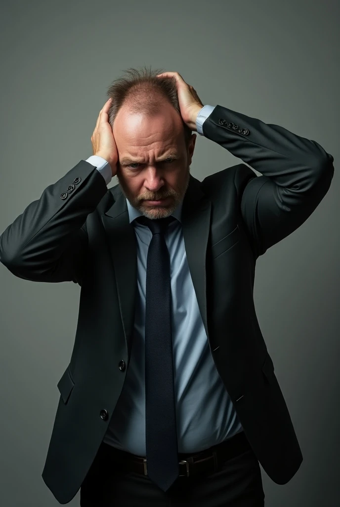 A white man in a suit holding his head and feeling very worried。Looking a little from the side