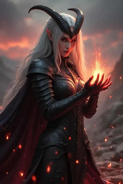 Demonic female elf in heavy plate armor preparing a heavenly fire spell, 