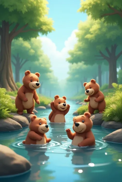 6 animated bears playing near the river 