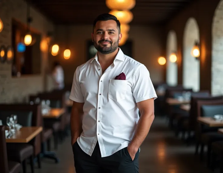 A Latino man with white guayabera simple short sleeve, Looking in front and a wine-colored handkerchief,  black pants , A blurred restaurant in the background, Professional photo LinkedIn recruitment , relaxed pose, Without Beard