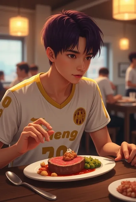 A 20-year-old purple short-haired Asian boy sitting eating steak in a restaurant wearing a short-sleeved white jersey with gold lettering “emeng” and the number “70”