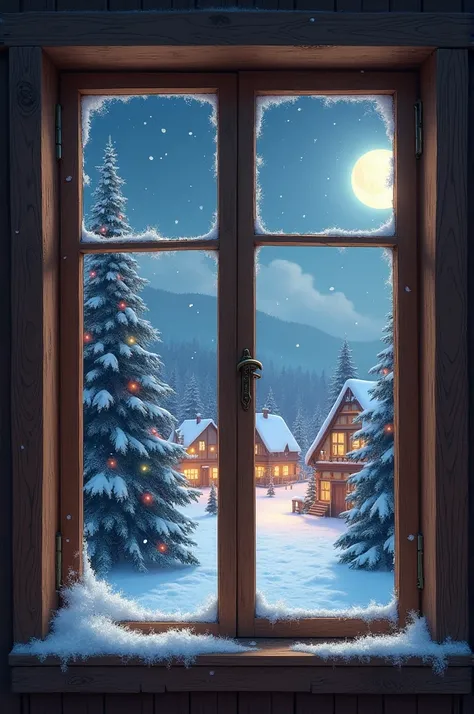 A wooden window with a Christmas background and the moon
