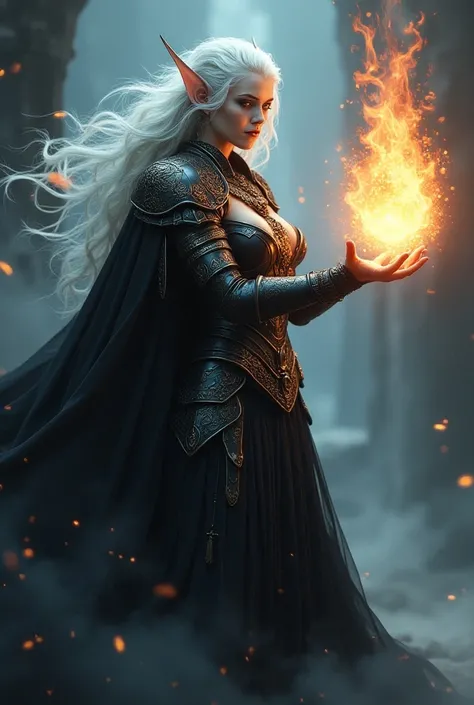 Demonic female dark elf in heavy plate armor preparing a heavenly fire spell, 