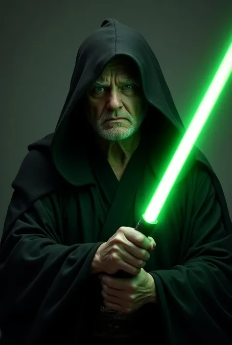 Ronald Frump wearing a black Jedi robe with green lightsaber by his face