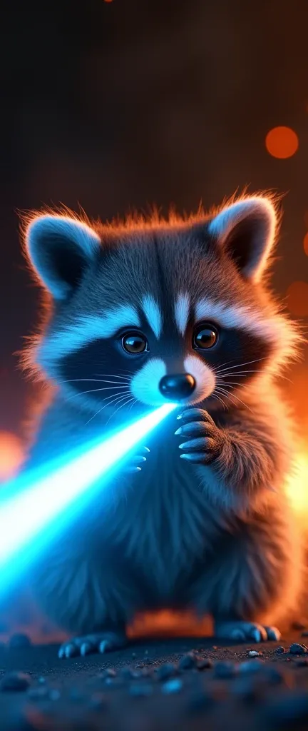 A photo of a fluffy baby raccoon shooting blue laser beams on a black background. The background is burning with fire. The overall image has a futuristic, sci-fi theme.