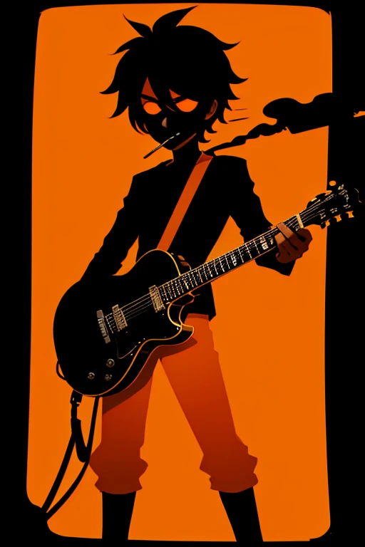 black silhouette of a comedian with a cigarette and a guitar on an orange background straight hair and young cartoon style