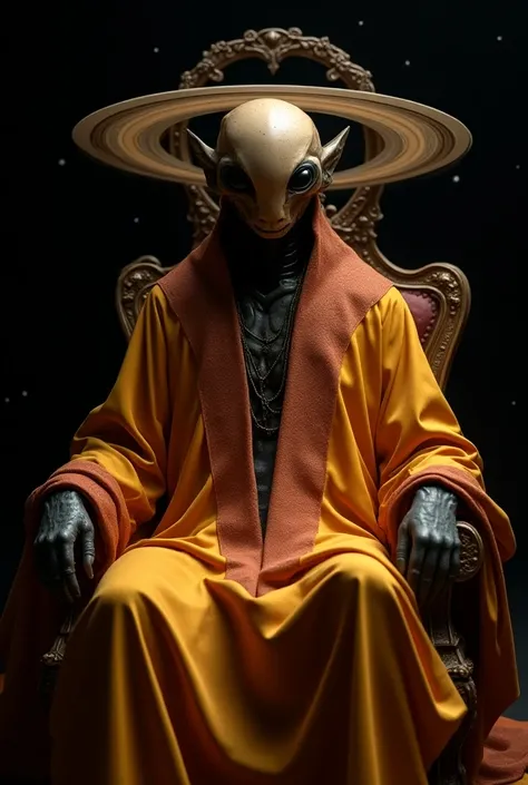 A luxurious elegant intimidating Saturn king faceless as a robot alien with a crown of rings displaying an exotic starry golden orange cotton silken starry red brown full robe made of exotic materials, sitting on a throne, starry black background, looking ...