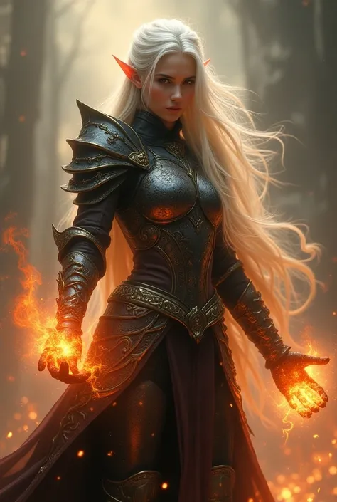 Demonic female high elf in heavy plate armor preparing a heavenly fire spell, 