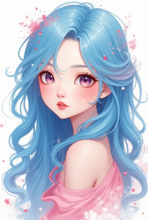 (Masterpiece, Best Quality, High Resolution), White Background, Acrylic Paint, ((Color Splash, Splash of Ink, Color Splash)), Sweet Chinese Girl, Long Light Blue Hair, [Light Blue|Pink] Hair, Curly Hair, Glitter, Peach Lips, White Shirt, Front, Upper Body