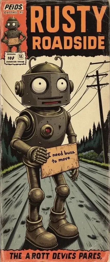 A vintage 1940s comic book cover titled "Rusty Roadside" features a large, endearing, rusted robot standing alone on the side of a rainy, empty road. The robot clutches a cardboard sign that reads, "I need Buzz to move," written in worn, handwritten letter...