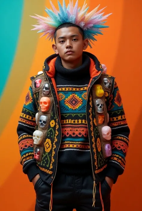 "Ultra-realistic full-body portrait of a young man standing against a vibrant, blurred background that blends bright orange and teal tones, creating a striking contrast. He wears an avant-garde fusion outfit inspired by Mexican Día de Muertos motifs and a ...