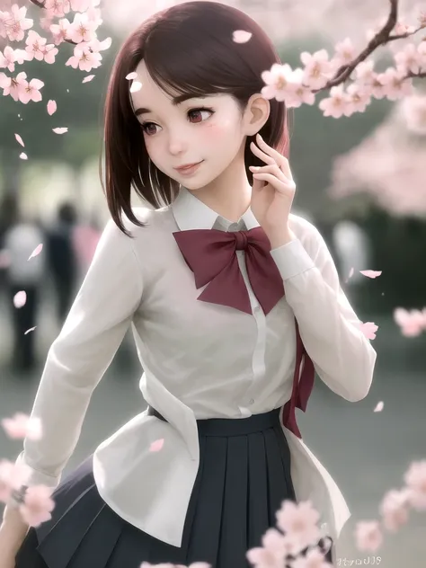 Cherry blossoms, park, falling cherry blossoms, school uniform, smile, gentle breeze , ( soft focus , Shallow focus , dim light , Cross Process , Tyndall ) , Mature , Euphoria , glossy lips , moist eyes , coquettish , Fatal woman , bold action , Insane , f...