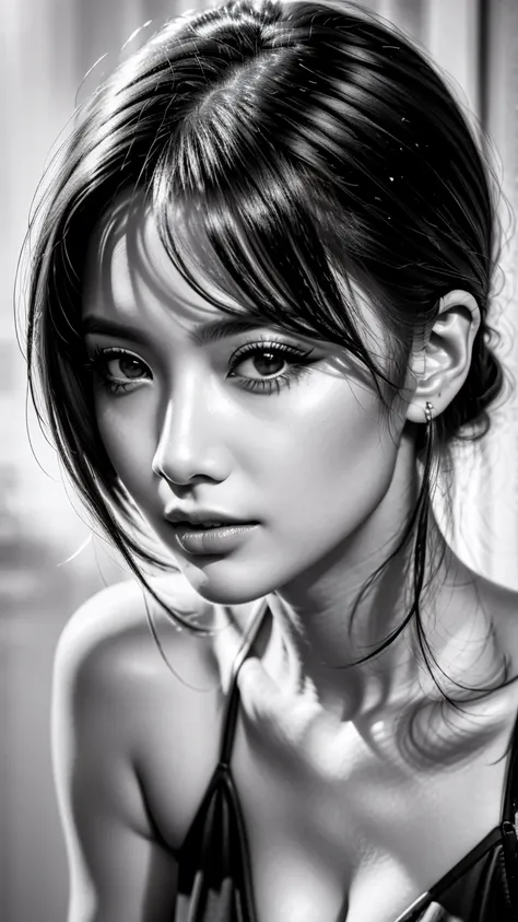 best quality, super fine, 16k, fine eye, delicate and dynamic, black and white high quality photography,  upper body, fashion model, gentle gaze at viewer, closed mouth,