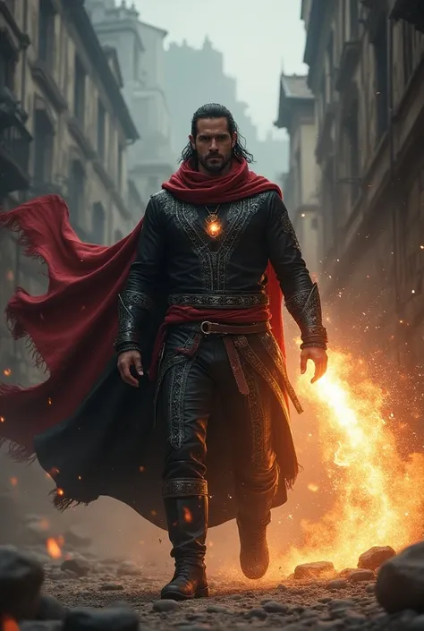 Under a stormy sky, Cristiano stands before a massive, dark creature emerging from the shadows of the ancient city. His black leather tunic with intricate silver stitching is now imbued with shimmering magical runes that glow brightly. His red scarf swirls...