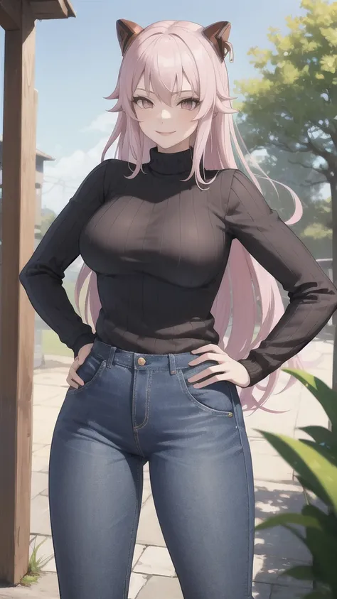 masterpiece, best quality, absurdres, 1girl, solo, ArayaEndo, long hair, hairpods, outdoors, sweater, ribbed sweater, jeans, hands on hips, smile, 