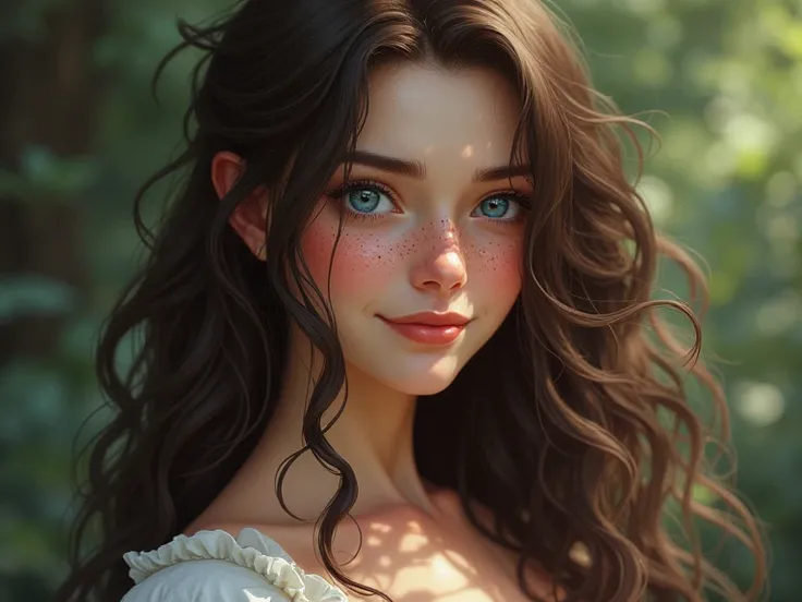 ((high resolution)), ((pale skin)), freckled, brunette (()) girl, with blue eyes, blushing cheeks, wavy hair, smiling, large breasts, as a fantasy druid