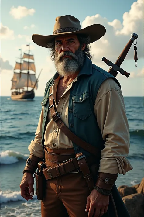 Captain, a 25-year-old male with a beard, a cangaceiro hat, a sword over his shoulders and a ship in the background 