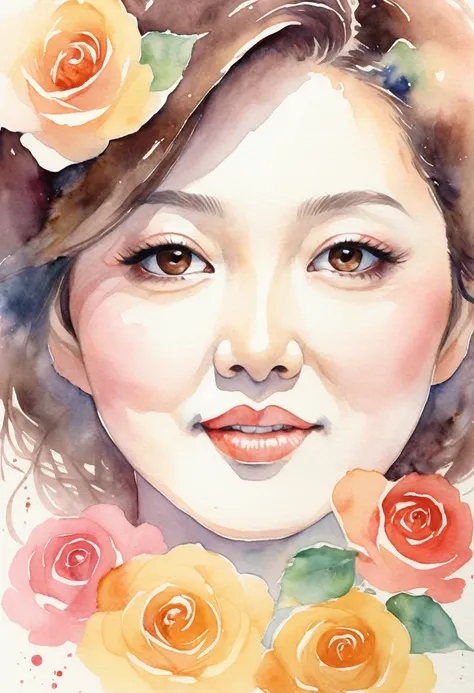 A close-up, abstract watercolor illustration of Ayano Fujisaki, a 48-year-old Japanese idol, emphasizing her mature beauty. She has a round face with taut skin, soft brown eyes that exude warmth and wisdom, and delicate laugh lines. Her elegant nose and fu...