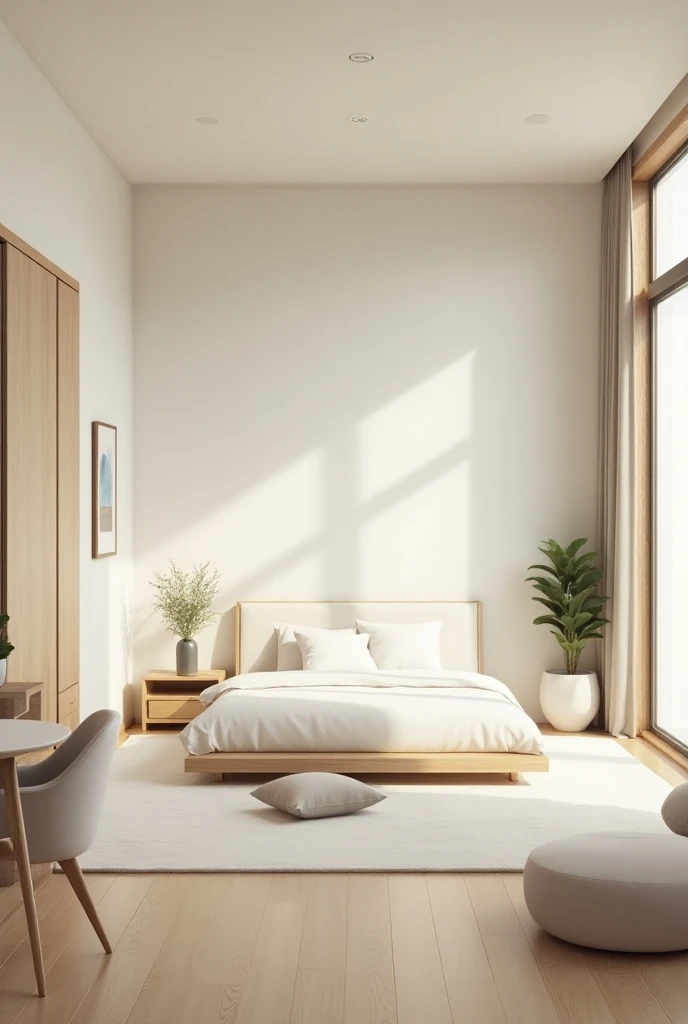  create an image of a couples room with the minimalist style having a bed, sofa, table, desktop, wardrobe, tocador y dos tables al lado de la cama.