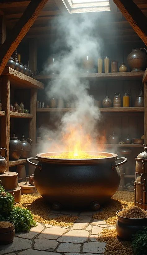 A large cauldron in a medieval kitchen setting, with brewing ingredients like hops and grains spread around, steam rising from the cauldron.