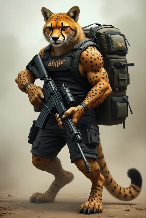  Humanoid cheetah with athletic physique,  pack
Black written  "DHPP "  large and assault rifle