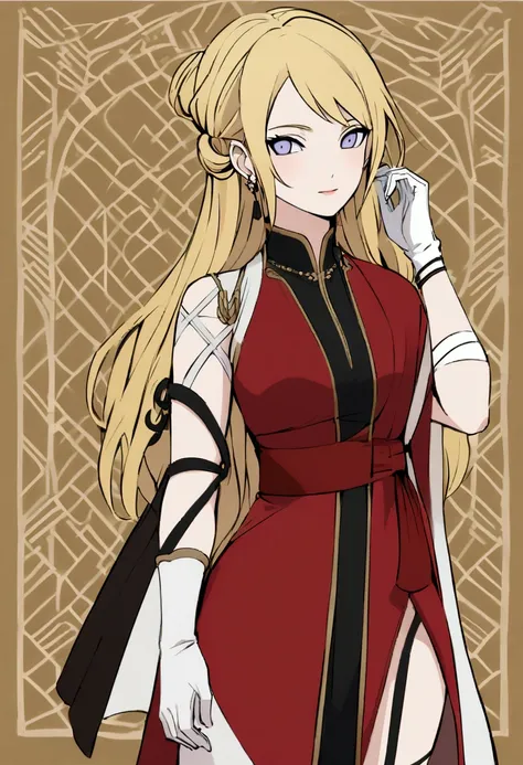 Make a female hair character: Long and blonde. clothing:  Short red dress with black details,  white gloves and high-heeled sandals .  Accessories :  White bands on the arm and leg . Design: naruto anime style, with an elegant and detailed look .