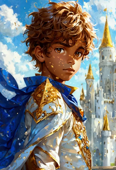 a  boy, brown, wavy hair, brown eyes, light brown skin. Dressed like a prince, with light blue, white and gold clothes. In a standing position, showing the whole body and in the background a white and blue castle