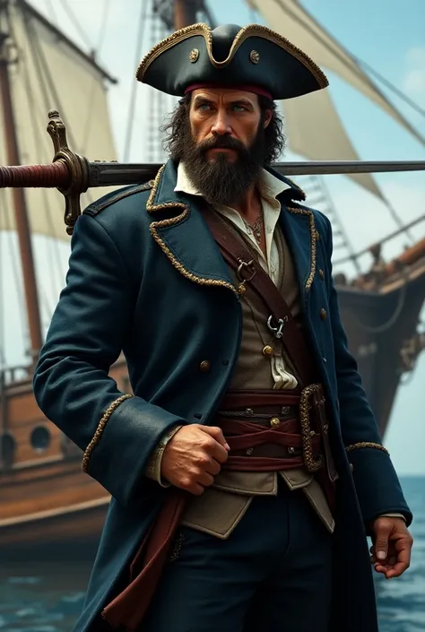 Captain, a 25-year-old male with a beard, a cangaceiro hat and a cangaceiro suit, sword in his hand over his shoulders, blue eyes and a ship in the background 