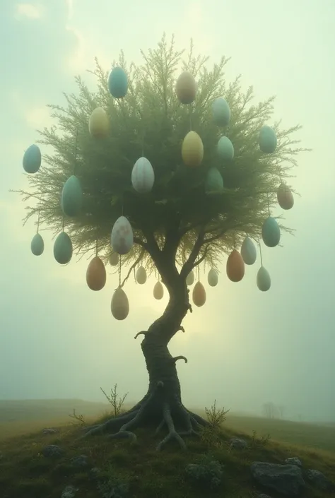 Imagine a surreal egg tree with branches laden with eggs. The tree is located in an ethereal and dreamlike landscape, surrounded by a soft mist that blurs the horizon. The sunlight faintly passes through the clouds, creating a magical atmosphere. The hangi...