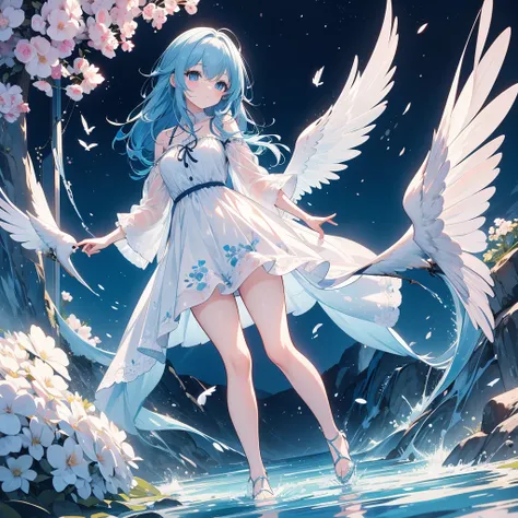  high resolution on down, Best Quality, masterpiece, 超 high resolution on down, 超 high resolution on down,  Surreal , 3d, Anime, Illustration, Alone, A very beautiful and cute woman in her 20s,   She flaps her wings in a light white floral mini skirt lengt...