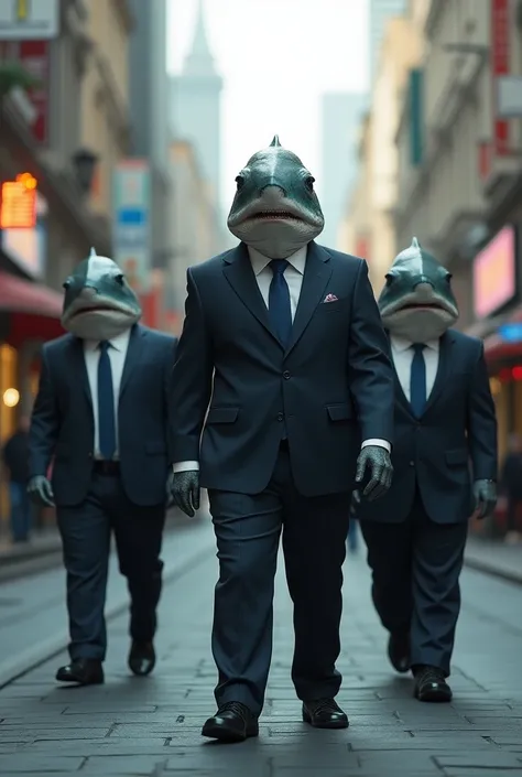 



shark with human body with very realistic shark skin, dressed in a suit with its humanoid shark partners at the side, on an adando street