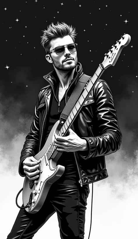 The image is a black and white line drawing showing a handsome rocker, trendy haircut, beard, glasses, black leather outfit, playing electric guitar, sitting very sad in a dark three-dimensional space full of stars, full body. Surprisingly, the artwork foc...