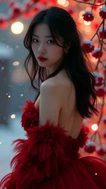 Ultra realistic image of a stunningly beautiful unclad Korean woman, dark hair, dynamic pose, looking at the camera, large round bust, curvy hips, beautiful waist, uncovered, shows her feminist body details, red and black feathers, vampire makeup, Fifty Sh...