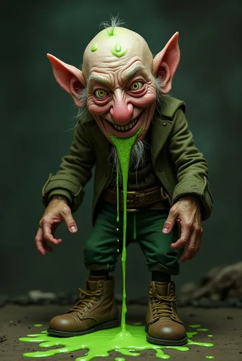 Leprechaun who has crooked eyes and that they are yellowish and who is half bald and with damaged teeth with shoes and that a shoe has it rotated and you look at his socks and also that he is vomiting green vomit and wearing tota clothes